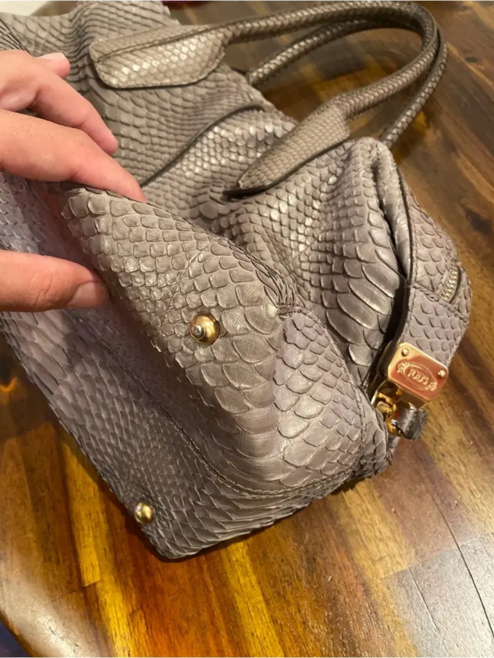 TOD'S Silver-Gray Python Leather Tote - Picture 9 of 10